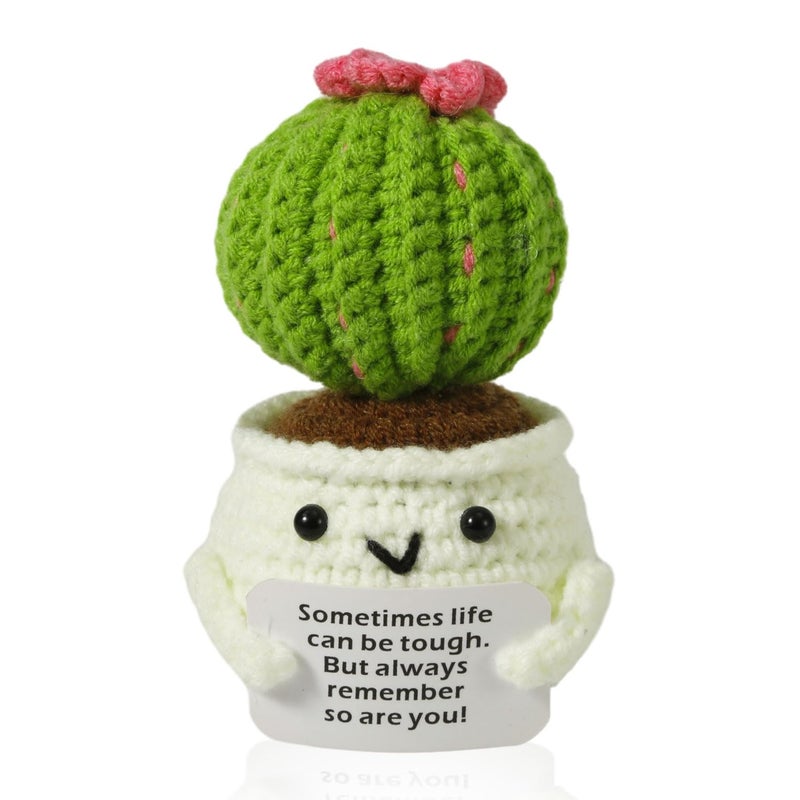NQEUEPN Crochet Positive Cactus  Handmade Knitted Cactus Toy Cute Funny Potato Emotional Positive Life Doll Ornaments Gifts with Encouraging Card for Adults Kids Friends Room Office Desktop Decor - Image 1